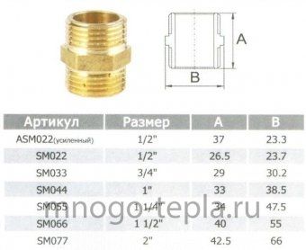 Бочонок латунный (ниппель) ш/ш 1/2 ( Ду 15 ) усиленный - №1